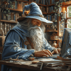 a wizard working on a laptop in a fantasy office to show what can a website do for your business