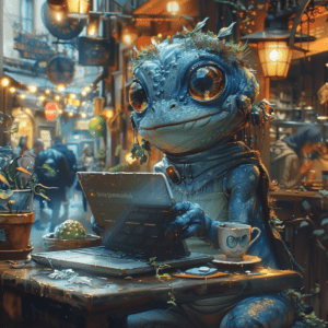 A frog creature working on his website in a fantasy coffee shop to show how to add a theme in WordPress